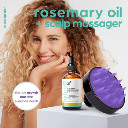 Organic Rosemary & Castor Hair Growth Oil + Scalp Massager Set – Hair Styling Oils for Dry, Itchy Scalp, Thickening & Hydration - Scalp Oil Products for Damaged Hair & Split Ends – 4.0 Oz