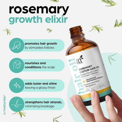 Organic Rosemary & Castor Hair Growth Oil + Scalp Massager Set – Hair Styling Oils for Dry, Itchy Scalp, Thickening & Hydration - Scalp Oil Products for Damaged Hair & Split Ends – 4.0 Oz